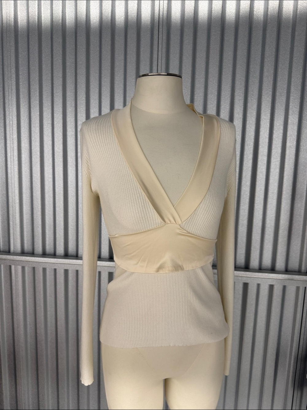 Moda International Cream Ribbed Deep V Long Sleeve Top